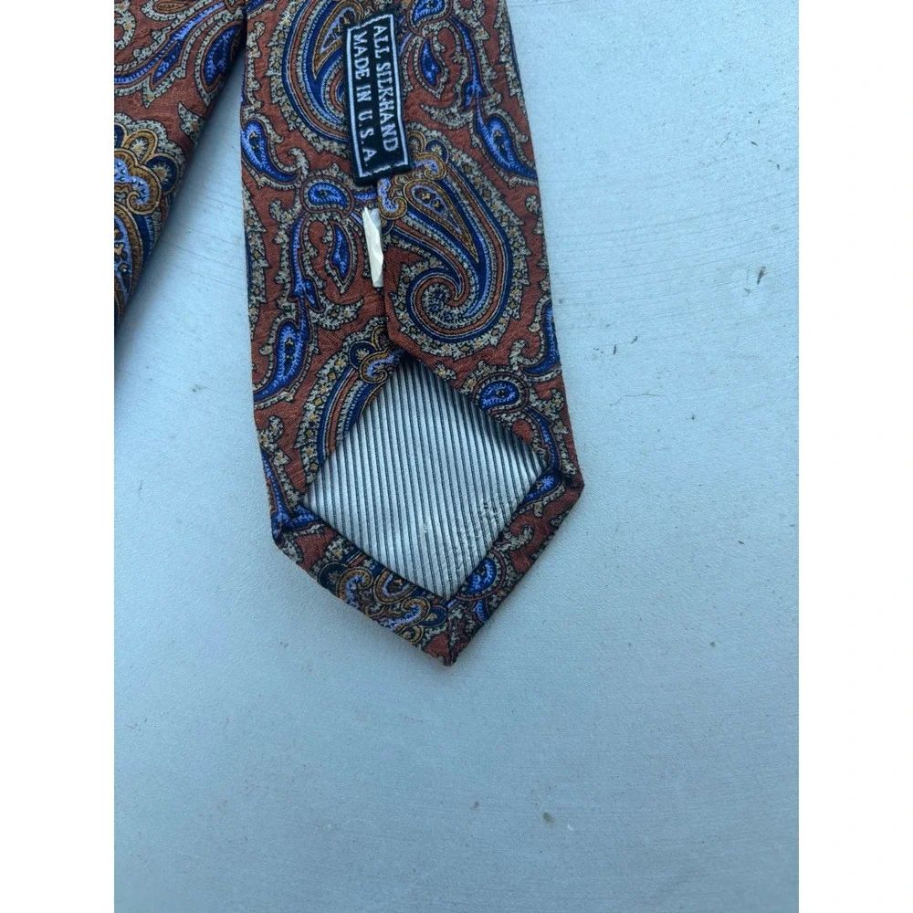 JZ Richards Mens Silk Paisley Necktie Burnt Orange Blue Hand Made‎ in USA